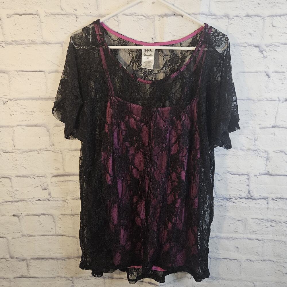 Rock 47 By Wrangler Black Lace Top With Built In Pink Cami Tank Size XL